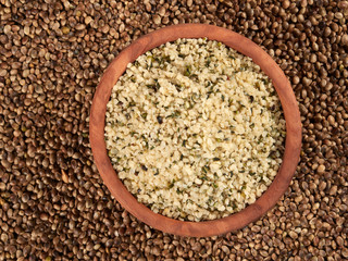 Bowl of shelled hemp seeds. Dietary supplement rich in protein and fibre.
