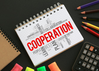Cooperation word cloud in notepad on desktop, business concept background