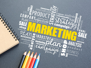 Marketing word cloud on desktop, business concept background