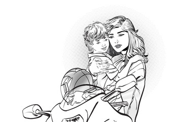 Mom puts on her son's helmet for a safe ride. Mom teaches her son to ride a cycle hand-drawn picture. The character of a woman with her son riding a motobike.