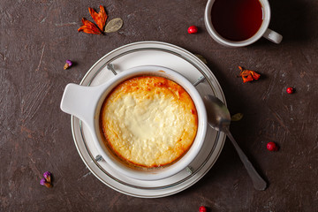 Freshly baked homemade cottage cheese casserole in a Cup