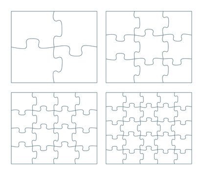 Sets of puzzle pieces vector illustration. 2 x 2, 3 x 3, 4 x 4. 5 x 5 jigsaw game outline pieces picture