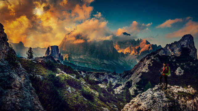 Great sunset view of the top Tofana di Rozes and Cinque Torri range in  Dolomites, South Tyrol. Location Cortina d'Ampezzo, Italy, Europe. Dramatical cloudy scene. Beauty of mountains world.