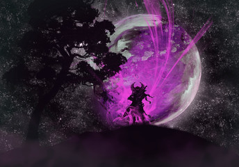 a fantasy warrior gaining power at night in front of an exoplanet 
