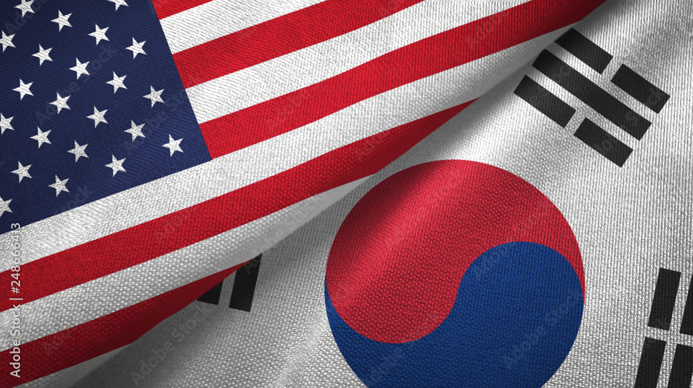 Wall mural united states and south korea two flags textile cloth, fabric texture - Wall murals