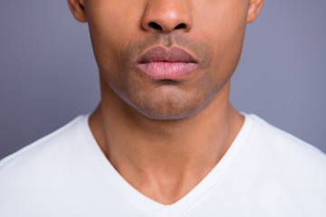 Close-up cropped portrait of nice handsome attractive candid well-groomed guy wearing white shirt...