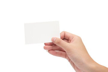 Fototapeta premium Women hand hold white card,business card,identity card with clear background