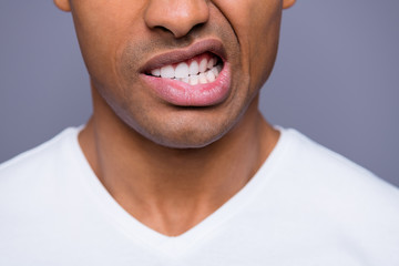 Fototapeta premium Close-up cropped portrait of his he nice handsome attractive well-groomed evil crazy guy wearing white shirt grinning teeth isolated over gray violet purple pastel background