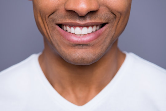 Close-up cropped portrait of his he nice handsome attractive well-groomed cheerful cheery guy wearing white shirt beaming teeth isolated over gray violet purple pastel background