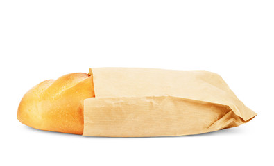 Baguette in a paper bag on a white background