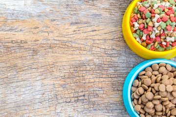Fototapeta na wymiar Dry dog food in bowl on wooden background. Pet food concept.