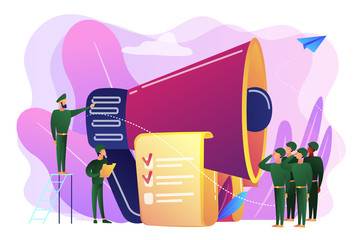 Officer with megaphone recuiting, soldiers saluting, tiny people. Military conscription, compulsory military service, new soldier recruiting concept. Bright vibrant violet vector isolated illustration