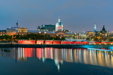 Twilight view of the Montreal skyline with Bonsecours Market