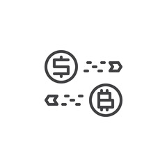 Bitcoin and dollar exchange line icon. linear style sign for mobile concept and web design. Currency converter outline vector icon. Symbol, logo illustration. Pixel perfect vector graphics