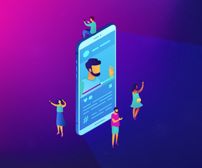 Tiny people vloggers recording video content for channel and blogger on big smartphone. Vlog, creating video content, video blogging concept. Ultraviolet neon vector isometric 3D illustration.