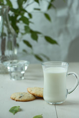 Oatmeal cookies with a glass of milk, light and white photography in a rustic style, village and countryside wooden theme