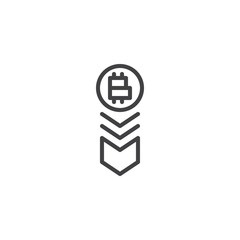 Obraz premium Bitcoin rate falls down line icon. linear style sign for mobile concept and web design. Cryptocurrency down arrow outline vector icon. Financial crisis symbol, logo illustration. Pixel perfect vector 