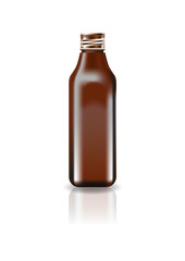 Blank brown cosmetic square bottle with screw lid for beauty or healthy product. Isolated on white background with reflection shadow. Ready to use for package design. Vector illustration.