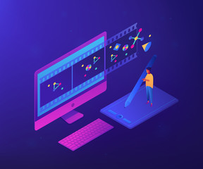Motion graphic designer with pencil at computer screen creating video. Motion graphic design, video production service, motion designer work concept. Ultraviolet neon vector isometric 3D illustration.