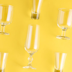 Collection of various glasses on bright background, copy space