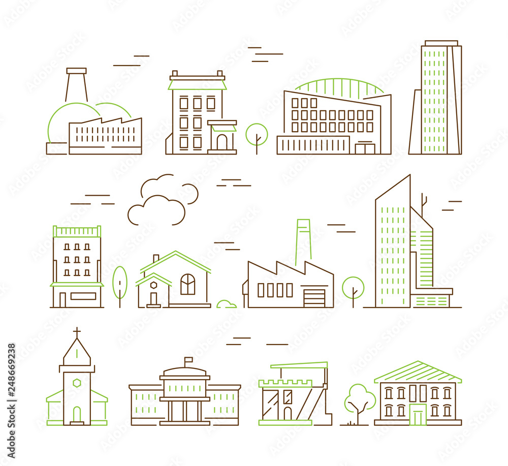 Wall mural line art buildings. urban living houses and villa home exterior suburban vector colored icon collect