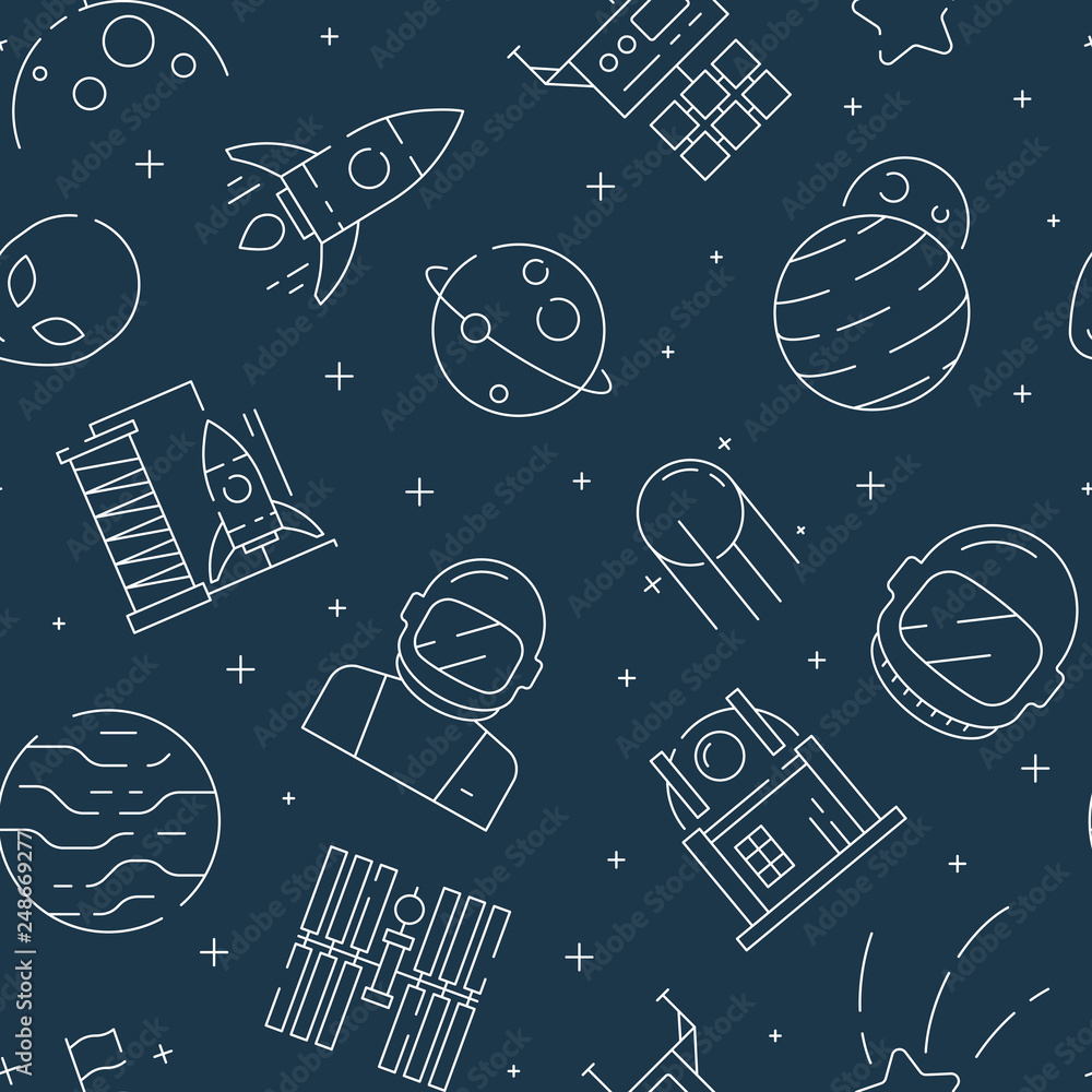 Poster space seamless pattern. futuristic universe background with astronaut shuttle rocket stars and plane