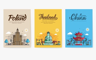 Set of outline different cities for travel destinations. Landmarks banner thin line of flyer, magazines, posters, book cover, banners. Layout world architectural flat illustrations modern pages