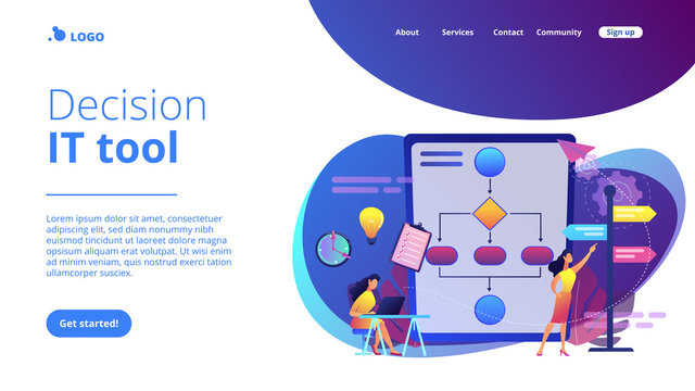 Business analyst with laptop, idea lightbulb and waymark. Decision management, enterprise analysis, decision IT tool and decision system concept. Website vibrant violet landing web page template.