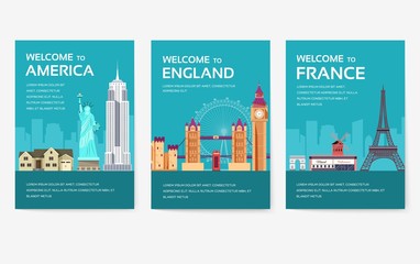 Country of USA, England, China, Frnace, Russia, Thailand, Japan, Italy cards set. Travel of the world of flyer, magazines, poster, book cover, banners. Layout  infographic template illustration pages