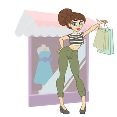 Happy girl with shopping bags in shop. Shopper. Sales. Funny cartoon character. Vector illustration.