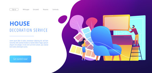 Designers with color palette designing interior decorations. Interior design, house decoration service, interior design studio concept. Website vibrant violet landing web page template.