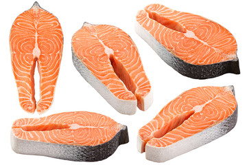 salmon, trout, steak, slice of fresh raw fish, isolated on white background, clipping path, full...