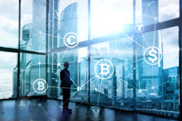 Double exposure Bitcoin and blockchain concept. Digital economy and currency trading