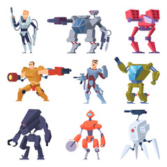 Combat robots. Armor transformers android protective electronic soldier future weapon vector characters. Illustration of robot machine, combat robotic technology