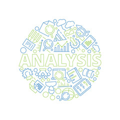 Fototapeta na wymiar Data management concept. Data analysis symbols in circle shape business strategy graphics vector thin icon collection. Illustration of optimization and development analysis icon on form circle
