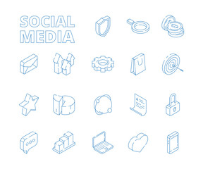 3D social media. Marketing isometric thin line business icon website symbols mail stars news message button vector. Illustration of social media 3d line icons