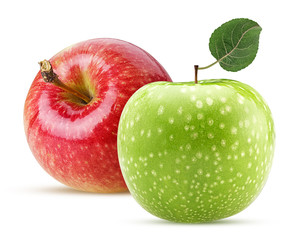 Red and green apple with leaf