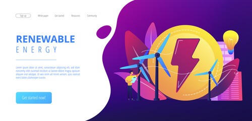Engineer working with wind turbines producing green energy, light bulb. Wind power, renewable energy, green electricity supply concept. Website vibrant violet landing web page template.