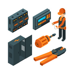 Electrical systems isometric. Electrician worker with industrial power tools for repair and setup unit vector 3d. Isometric worker electrician, repairman technician, maintenance system illustration