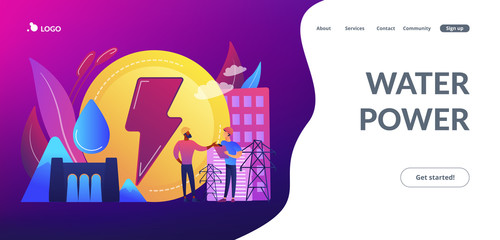 Engineers working at hydropower dam producing falling water energy. Hydropower electricity, water power, renewable sources concept. Website vibrant violet landing web page template.