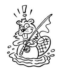 Fisherman beaver with fishing rod cartoon joke black and white