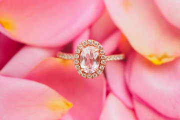 Jewelry pink diamond ring on beautiful rose petal background close up