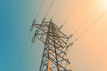 Electric power pylon and overhead lines tower used transmit electrical energy