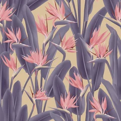 Gordijnen Paradijsvogel tropische vector naadloze bloemenpatroon. Jungle exotische tropische plant stof ontwerp. Zuid-Afrikaanse plant tropische bloesem van kraanbloem, strelitzia. Textielprint met bloemen. © SunwArt