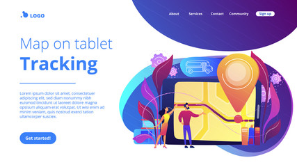 Parents looking at school bus location pin and map on tablet. Child tracking system, school bus route, child safety, security concious parents concept, violet palette. Website landing web page.