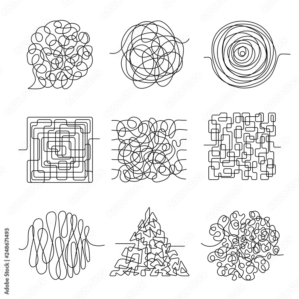 Poster chaos lines. scribble messy shape threading pattern vector abstract forms. chaos line, messy scribbl
