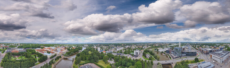 Obraz premium Panoramic sunset aerial view of Tartu skyline, Estonia