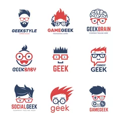 Fotobehang Geek logo. Business identity of smart programmers thinking nerd computer education vector design template. Programmer geek and smart nerd illustration © ONYXprj