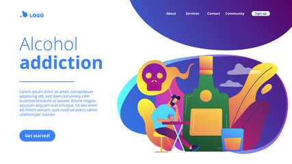 Depressed drunk man sitting and drinking alcohol at big bottle with skull. Drinking alcohol, alcohol addiction, alcoholism therapy concept. Website vibrant violet landing web page template.