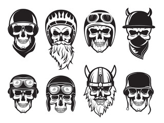 Skull bandana helmet. Bikers rock symbols tattoo vector black pictures. Illustration of rock biker skull, set of tattoo vintage drawing